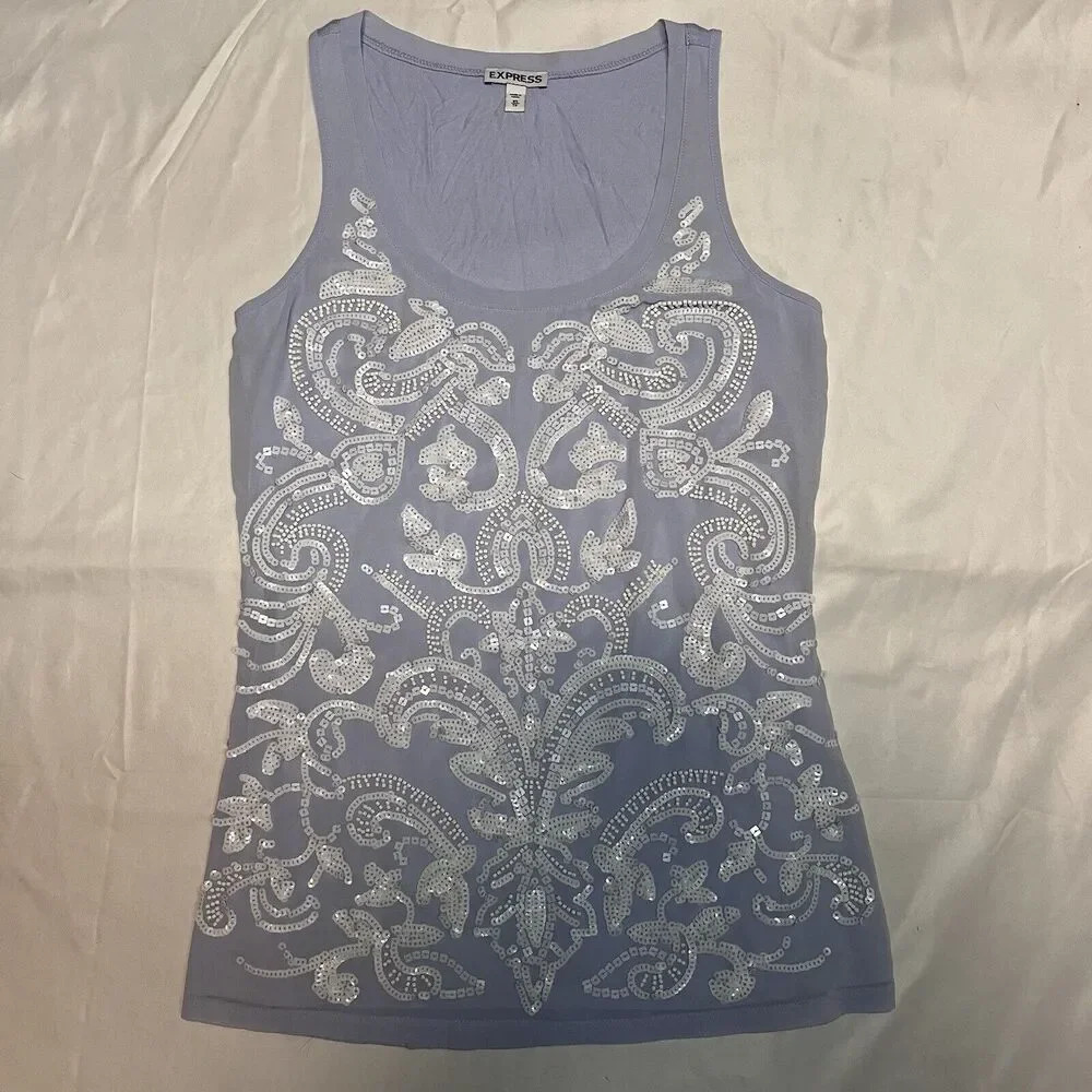 Express Periwinkle With White Sequins Scoop Neck Tank Top Blue Purple Pe…